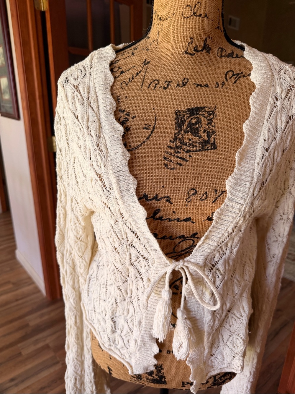 Altar'd State Ivory Open-Knit Tie-Front Cardigan
